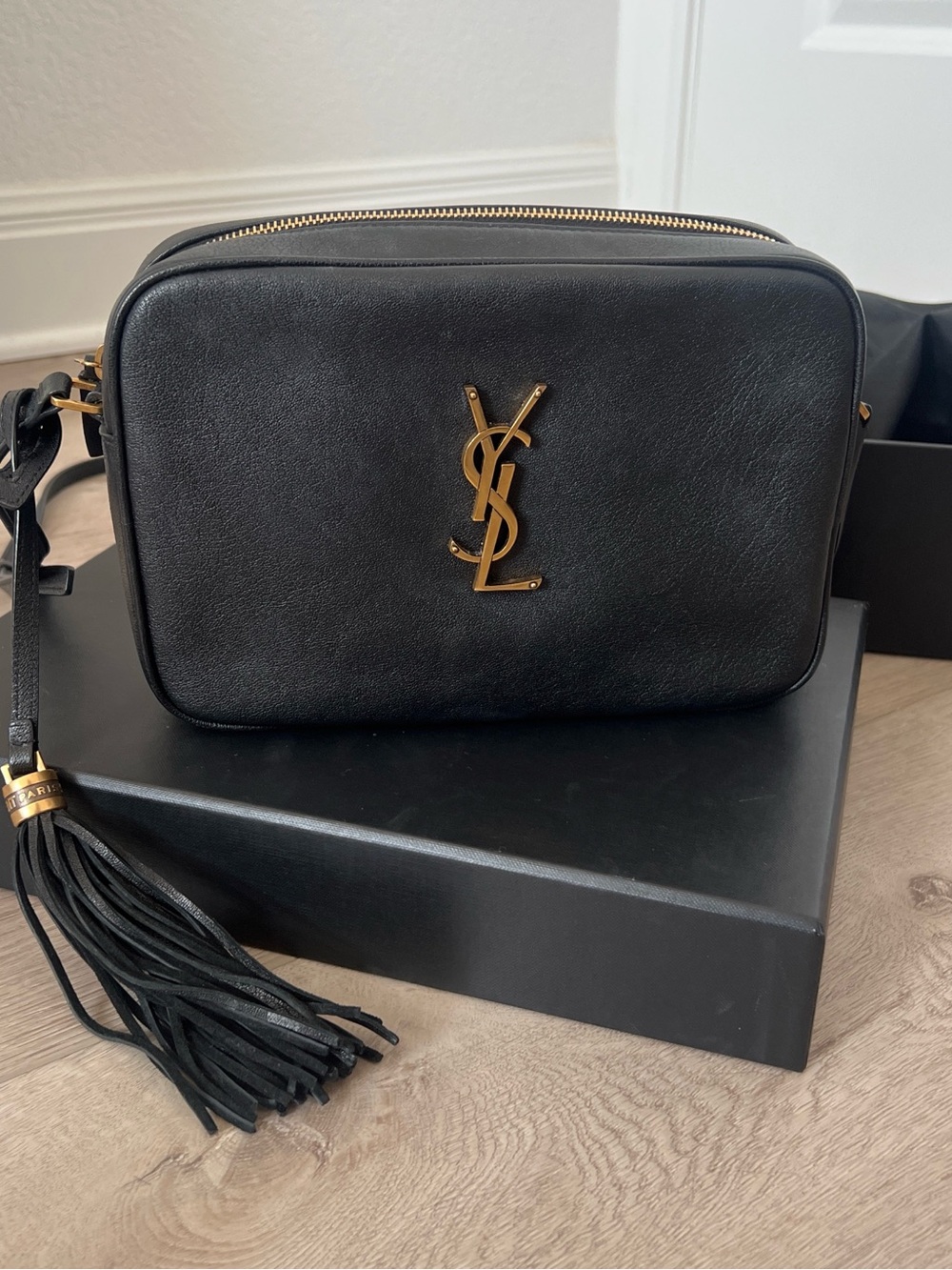 Saint Laurent Black Leather Crossbody Camera Bag with Tassel and Gold YSL Logo